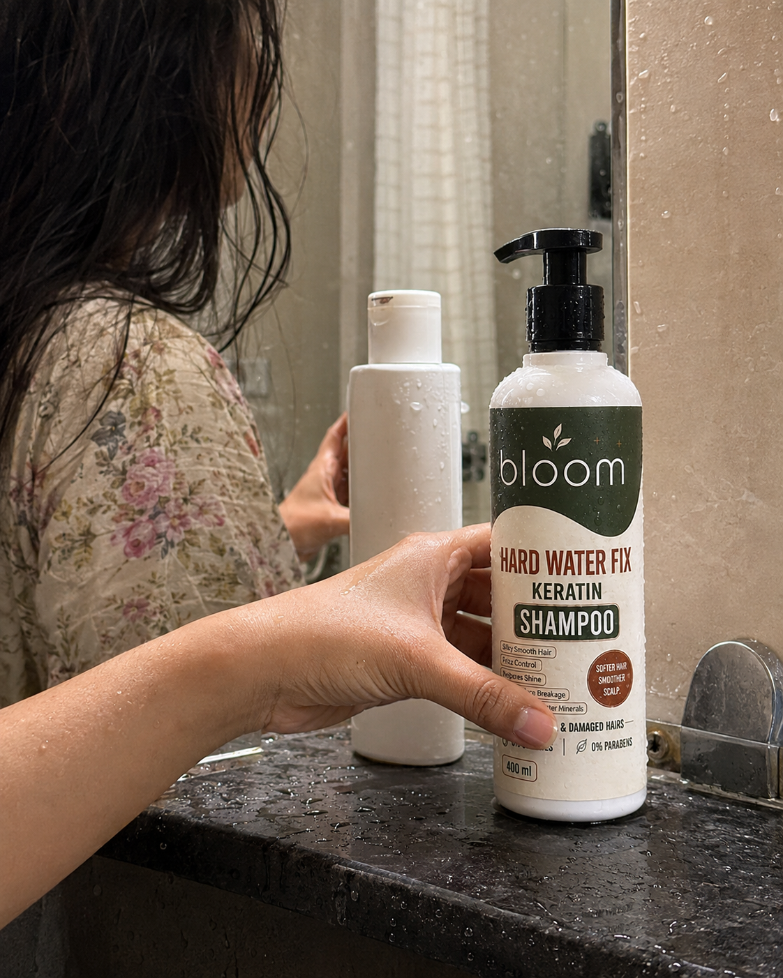 BLOOM Hard Water Fix Shampoo in a real bathroom setting